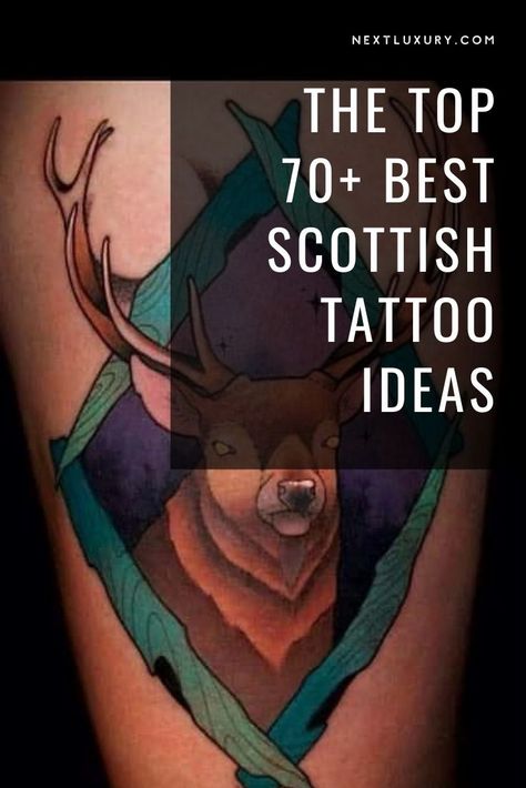 From Celtic knot work, to the multi-colored tartans that represent the different Scot clans, the culture and traditions of Caledonia provide endless inspiration for Scottish tattoo designs. Scottish Animal Tattoo, Tattoos For Scotland, Celtic Tattoos Scottish, Celtic Scottish Tattoo, Scottish Crest Tattoo, Scots Irish Tattoo, Scottish Sleeve Tattoos For Guys, Scottish Mythology Tattoo, Bull Thistle Tattoo