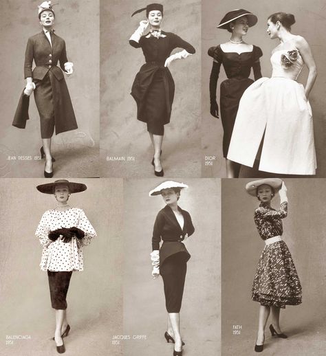 Paris-Spring-Summer season---Designer-dresses-1951 Fashion In 1950s Style, Paris 1950 Fashion, 1950s Designer Fashion, French 1950s Fashion, 50s Fashion Design, Retro Era Fashion, 1950s Paris Fashion, 1050s Fashion, 50s Balenciaga