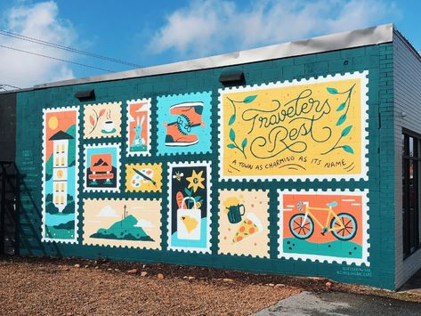 Travel Mural, Boots Illustration, Food Bike, Exterior Murals, Bike Boots, Office Mural, Travelers Rest, School Murals, Street Mural