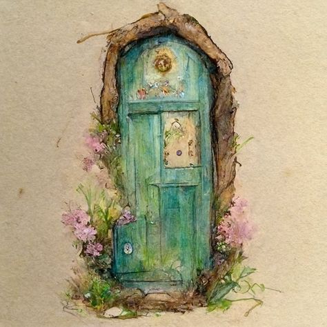 Fairy Theme Drawing, Fairy Door Watercolor, Fairy Watercolour Painting, Fairytale Watercolor Art, Watercolour Fairy Art, Watercolor Fairy Art, Mushroom Door Painting, Fairy Door Illustration, Fairy House Watercolor