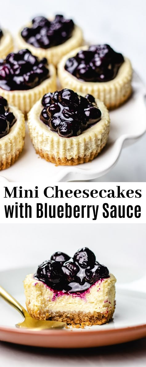 Mini Cheesecakes made with  gluten-free Graham crackers crust, silky cream cheese and sour cream  filling, and blueberry sauce are baked in muffin pan. This recipe is so  easy to make for your summer party cookout! #cheesecake #blueberry #grahamcrackers Gluten Free Cheesecake Cupcakes, Blueberry Desserts Gluten Free, Mini Cheesecake Recipes Gluten Free, Mini Blueberry Cheesecakes No Bake, Gf Mini Cheesecakes, Blueberry Cheesecake Cupcakes Recipe, Mini Cheesecakes Blueberry, Mini Blueberry Cheesecake Recipes, Gluten Free Cream Cheese Desserts