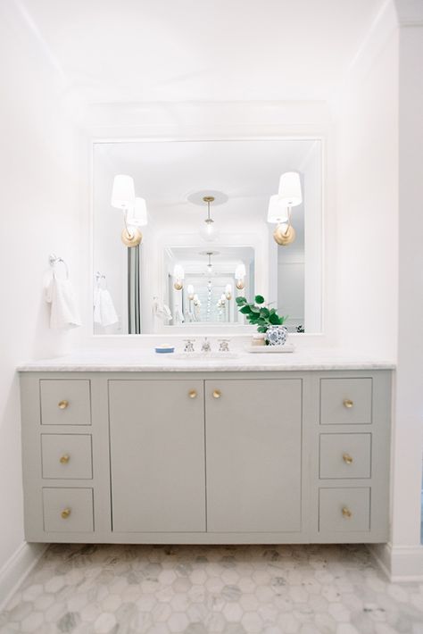 View entire slideshow: The Prettiest Bathrooms Ever on http://www.stylemepretty.com/collection/4354/ Grey Bathroom Tiles, Grey Bathroom Vanity, Pretty Bathrooms, Gray Vanity, Transitional Bathroom, Gorgeous Bathroom, Trendy Bathroom, Bathroom Vanity Cabinets, Grey Cabinets