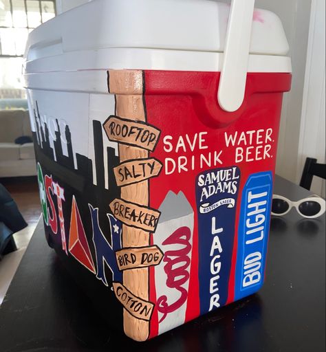 Save Water Drink Beer Cooler, Fraternity Coolers Ideas, Easy Frat Coolers Ideas, Painted Coolers For Guys Fraternity, Painted Coolers For Guys, Beta Cooler, Fiji Cooler, Customized Cooler, Painted Ice Chest