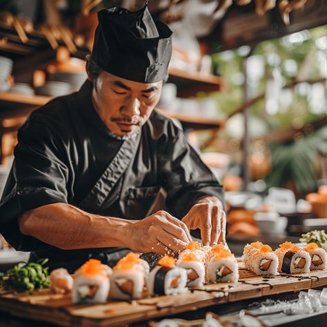 "Sushi Chef Working: A skilled #SushiMaster carefully prepares fresh sushi rolls at a traditional #JapaneseCuisine #CulinaryArts restaurant. #Gourmet #AIimage #StockPhotography ⬇️ Download and 📝 Prompt 👉 https://stockcake.com/i/sushi-chef-working_356680_380835". Japanese Catering, Traditional Japanese Restaurant, Chef Working, Sushi Shop, Sushi Master, Apple Christmas, Asian Restaurant, Chef Work, Sushi Chef