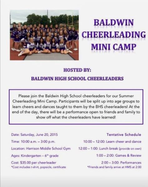 Mini cheer camp Also <a href="https://shoplacoca.com/pages/fundraising">shoplacoca.com</a> Cheer Camp Ideas, Mini Cheer Camp, Cheer Fundraiser Ideas, Cheer Fundraiser, Youth Cheer, Parents Meeting, Cheer Camp, Cheer Coach, Cheer Stuff