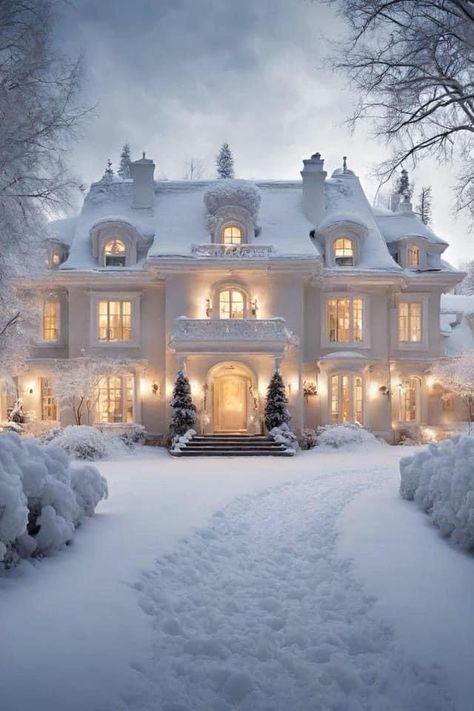 Christmas Mansion Exterior, Mantle Aesthetic, Cozy Mansion, Cozy Winter House, Snow Houses, Winter Houses, Winter Castle, Old Time Christmas, Amazing Houses