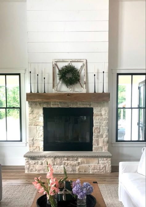 Shiplap Above Stone Fireplace, Fireplace With Vaulted Ceiling Ideas, Stone And Shiplap Fireplace With Tv, Half Stone Fireplace, Stone And Wood Fireplace, Austin Stone Fireplace, Fireplace Hearth Stone, Fireplace With Hearth, Corner Stone Fireplace