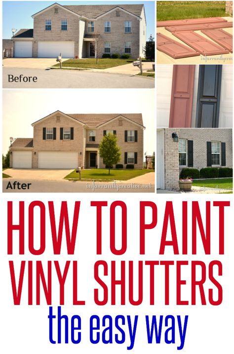 Shutters on windows are kind of like mascara on your eyelashes – it just looks better! I took my vinyl shutters down last June when we put on a new roof.  And sadly they have been sitting in my garage since then.  Yikes! So my naked house was begging for her shutters back.  After talking … Shutter Painting Ideas, Painting Vinyl Shutters, Paint Vinyl, Painting Shutters, Vinyl Shutters, Diy Shutters, House Shutters, Painted Vinyl, Finger Nails