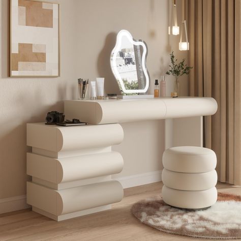 PRICES MAY VARY. 【Perfect Gift】 - This white vanity desk features a solid wood frame structure, graceful lines, and an elegant appearance, paired with a round dressing chair that complements any type of home decor. Undoubtedly, this exquisite dressing table is the best gift for your loved one. 【Abundant Storage Space】 - This makeup dresser is equipped with 5 extra-large drawers and a spacious desktop, which can store your cosmetics, hair straighteners, hair dryers, jewelry, etc. well, keeping ev Round Desk With Storage, Vanity Set Up Ideas Bedroom, Make Up Tables Ideas, Makeup Table Ideas Bedrooms, Makeup Room Aesthetic, Makeup Station In Bedroom, Vanity Desk Ideas, Make Up Dresser, Makeup Table Ideas