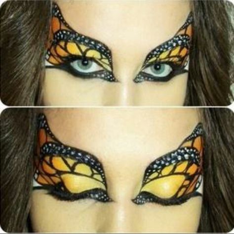 Butterfly makeup-will look GREAT w/the Monarch butterfly costume I have saved in favs Carnaval Make-up, Makeup Zombie, Butterfly Face Paint, Butterfly Makeup, Butterfly Eyes, Halloween Makeup Diy, Butterfly Costume, Butterfly Face, Halloween Eye Makeup