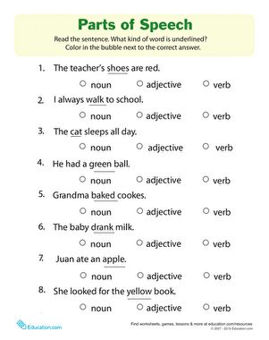 Review basic parts of speech with your young learner. This quiz-style format is great preparation for standardized testing. Parts Of Speech Worksheet With Answers, Worksheets On Nouns, Part Of Speech Worksheet, Parts Of Speech Test, Parts Of Speech Exercises, Parts Of Speech Worksheet, Human Body Vocabulary, Part Of Speech Grammar, Verbs And Adjectives