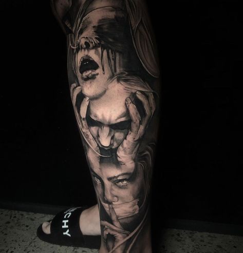 Good And Evil Tattoos, Leg Tattoos For Men, Best Leg Tattoos, See Tattoo, Evil Tattoo, Full Leg Tattoos, Skull Sleeve Tattoos, Realistic Tattoo Sleeve, Evil Tattoos