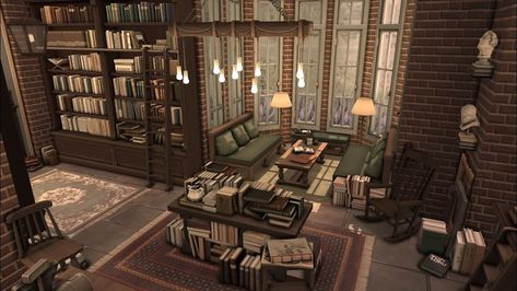 Henford Library & Eatery | Patreon Bloxburg Town Library, Library Layout Plan, Library Bloxburg, Sims 4 Bookstore, Bloxburg Library Ideas, Bloxburg University, Bloxburg Library, Sims Library, Sims 4 Library