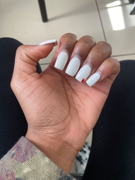 All White Nails With Initial, Red Initial Nails, Nails With Red Design, White Nails With Red Design, Short White Nails, Nails With Red, Beachy Nails, Acrylic Nails Coffin Short, Acrylic Nails Coffin