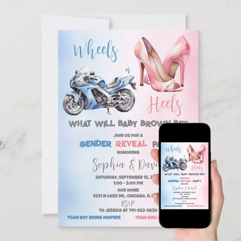 Wheels or Heels Gender Reveal Party Invitation Wheels Or Heels Gender Reveal, Gender Reveal Party Invitations, Reveal Party, Reveal Parties, Gender Reveal Party, Diy Business, Hat Crafts, Gaming Wall Art, Gender Reveal