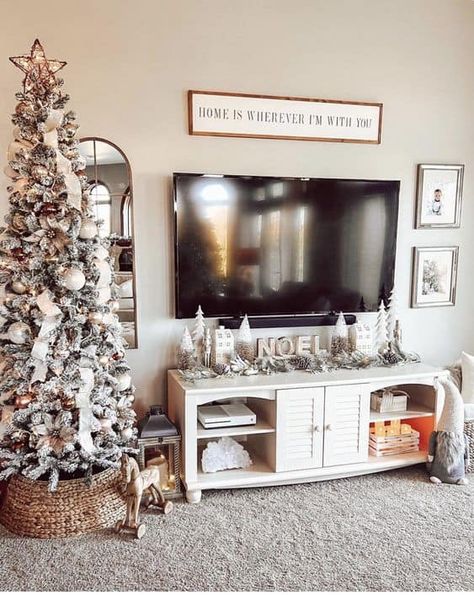 20 Christmas TV Stand Styling Ideas » Lady Decluttered Christmas Tv Stand Decor Ideas, Christmas Decoration Tv Stand, Tv Cabinet Christmas Decorations, Above Tv Christmas Decor, Christmas Decor Ideas For Tv Stand, Christmas Decor Ideas Tv Stand, Christmas Decor Under Tv, Under Tv Christmas Decor, Christmas Tv Console Decor