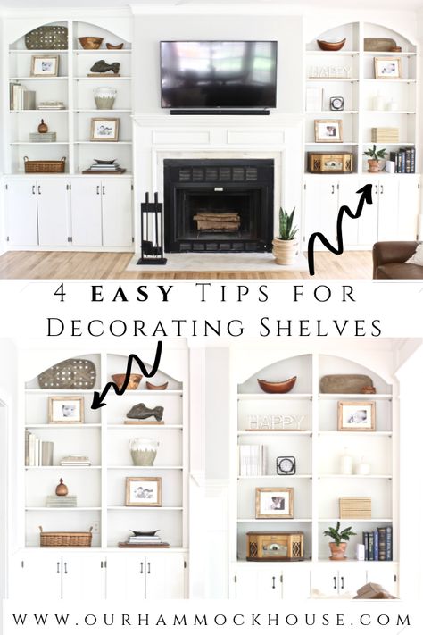 Tips on how to decorate and style built in shelves in your living room around the fireplace using neutral decor | www.ourhammockhouse.com | #builtinshelves #livingroom #fireplace #neutraldecor Style Built In Shelves, Decorating Built In Shelves, Styling Built In Shelves, Built In Shelves Living Room, Shelf Decor Living Room, Living Room Built Ins, Fireplace Shelves, Decorating Bookshelves, Bookshelves In Living Room