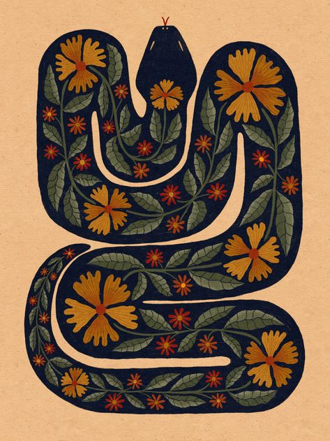 Meadow Serpent Art Print Serpent Art, Scientific Drawing, Arte Folk, Posca Art, Snake Art, Botanical Art Prints, Original Art Prints, Arte Inspo, A Snake