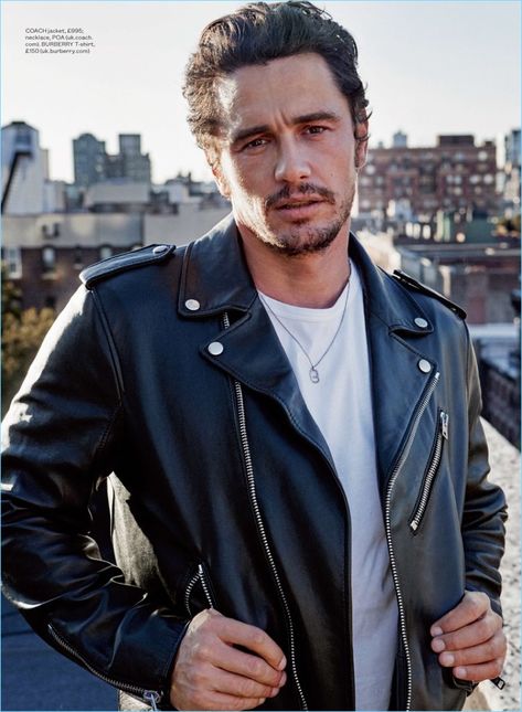 Sporting a Coach leather biker jacket, James Franco also wears a Burberry t-shirt. www.wearethebikerstore.com | Leather, Skull, Bikers, Fashion, Men, Women, Home Decor, Jewelry, Acccessory. Daniel Desario, Franco Brothers, Max Irons, Robert Downey Jr., Dave Franco, Burberry T Shirt, Actor James, Hollywood Men, Terry Richardson