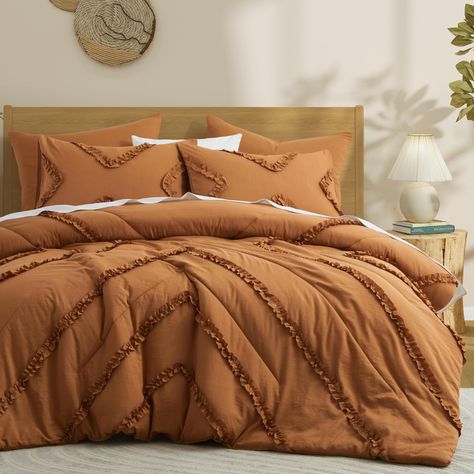 PRICES MAY VARY. Comfy and Fluffy - The pumpkin comforter is filled with soft polyester fibers inside, making it super soft and comfortable. Our ruffle comforter are lightweight, breathable and suitable for use all year round.​ The soft comforter-like cloud allows you and your family to sleep comfortably and warmly every night.​ Ruffle Design - BEDAZZLED comforter set features vintage and chic ruffle design, novelty and texture for ultimate comfort. Modern elegance style adds an extra layer of a Fall Bedding Bedrooms, Full Size Bed Sets, Vintage Bedding Set, Ruffle Comforter, King Size Comforter Sets, Boho Duvet Cover, Bed Comforter, Colorful Comforter, Queen Size Comforter