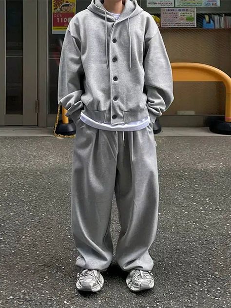 OH Buttoned Hoodie and Pocket Details Sweatpants Set-korean-fashion-Clothing Set-OH Atelier-OH Garments Grey Sweatpants Outfit, Wide Sweatpants, Suit Korean, Preppy Tops, Suits Korean, Button Hoodie, Spring Outfits Men, Brand Ideas, Quality Street