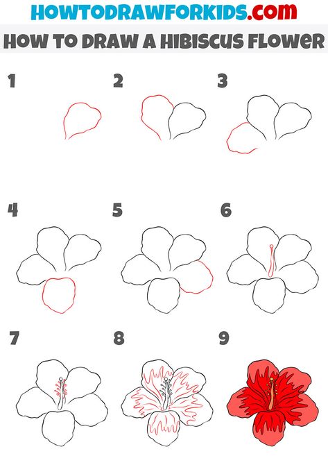 how to draw a hibiscus flower step by step Drawing Tutorial Flower Step By Step, How To Draw A Step By Step Flower, Flower Step By Step Drawing Easy, Hibiscus Flower Easy Drawing, Colored Pencil Flowers Step By Step, Drawings Of Hibiscus Flowers, Drawing Hawaiian Flowers, Drawing A Hibiscus Flower, Hibiscus Drawing Tutorial