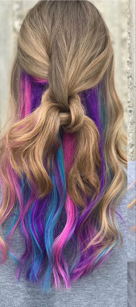 Purple pink and blue peekaboo hair! Hidden Peacock Hair Color, Peekaboo Rainbow Hair Blonde, Summer Peekaboo Hair, Hair Color On Ends Of Hair, Hidden Mermaid Hair, Pink And Teal Peekaboo Hair, Purple Pink Underneath Hair, Blue And Pink Peekaboo Hair, Bright Peekaboo Hair