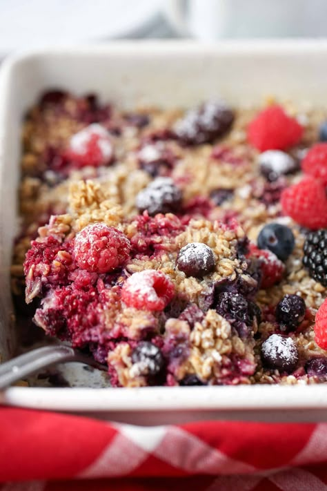 Overnight Baked Berry Oatmeal Overnight Baked Oatmeal Recipes, Mixed Berry Baked Oatmeal, Vegan Tofu Bacon, Marinate Recipe, Mocha Creamer Recipe, Mixed Berry Oatmeal, Overnight Baked Oatmeal, Berry Oatmeal Bake, Berry Baked Oatmeal