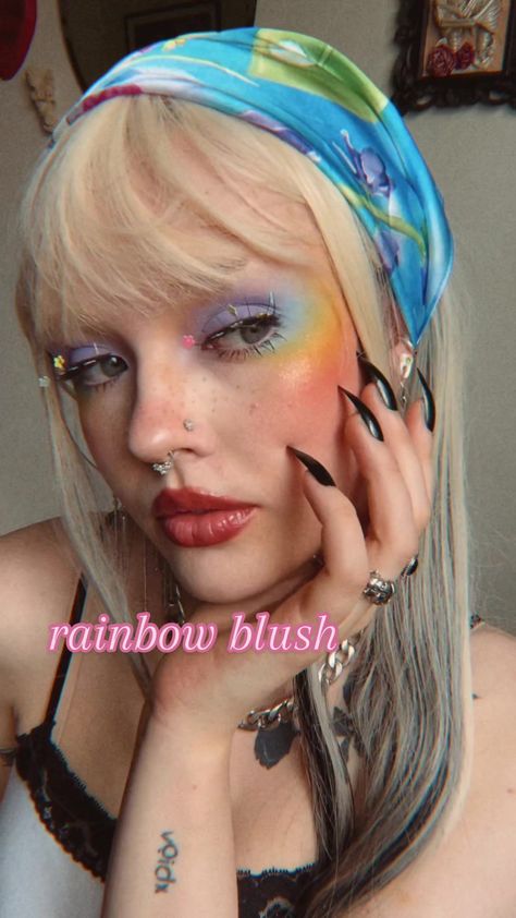 Fun Makeup Inspiration, Rainbow Makeup Aesthetic, Pride Blush Makeup, Cute Colored Eyeliner Looks, Soft Rainbow Makeup, Pretty Blush Makeup, Pride Fest Makeup, Rainbow Highlighter Makeup, Barbie Movie Makeup Ideas