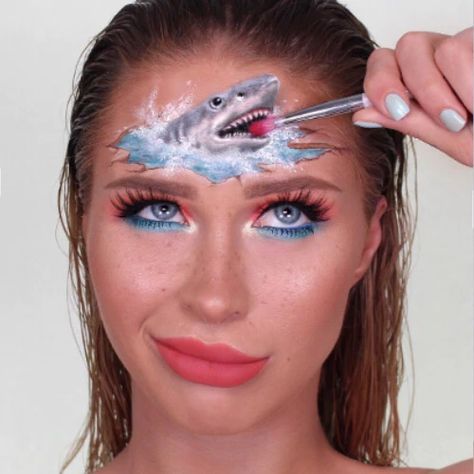 Themed Makeup Looks, Shark Makeup, Eyeliner Wings, Themed Makeup, Under The Sea Decorations, Eyeliner Stamp, Easy Designs, Mehron Makeup, Summer Blues