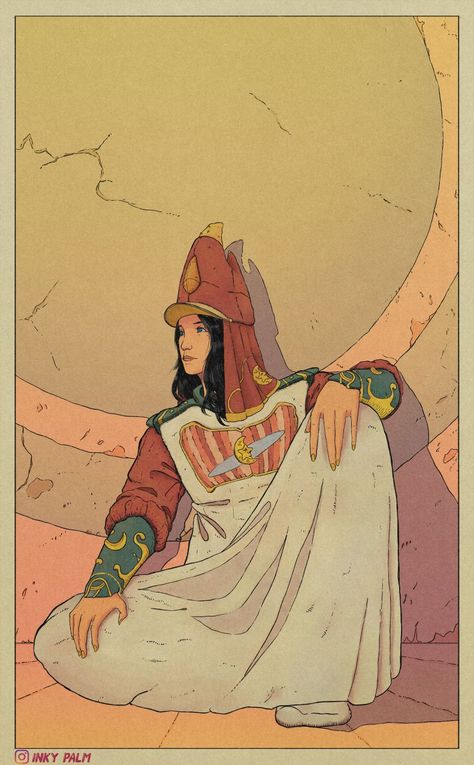 Flat illustration of a lady in robes sitting on the ground. Moebius Artist, Moebius Art, Jean Giraud, Apocalypse Art, Ligne Claire, Art Magazine, Alien Art, Arte Inspo, Graphics Inspiration