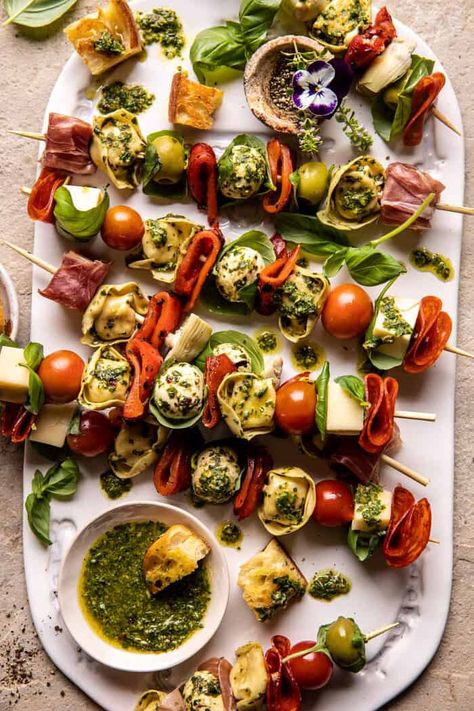 Easy Tortellini Recipes, Lemon Basil Vinaigrette, Antipasto Recipes, Tortellini Skewers, Summer Appetizers, Antipasto Pasta Salads, Half Baked Harvest Recipes, Antipasto Skewers, Basil Vinaigrette