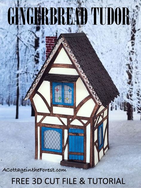 Tutorial and free SVG or PDF pattern for a Gingerbread Tudor. Make your own Putz-Style house to add to your Holiday Village! Puts Houses, Putz Village, Cardboard Gingerbread House, Cardboard Box Houses, Cottage In The Forest, Paper Buildings, Paper House Template, Christmas Houses, Pottery Houses