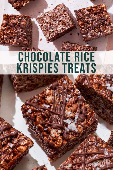 Chocolate Rice Krispies Treats A slight twist on a classic no-bake dessert, chocolate rice krispie squares are made with added cocoa and chocolate chips for an easy fun treat. Cocoa Krispie Treats Recipes, Chocolate Rice Krispies Treats, Cocoa Powder Chocolate, Creative Cookery, Homemade Rice Krispies, Star Crunch, No Bake Chocolate Desserts, Homemade Rice Krispies Treats, Chocolate Rice Krispies