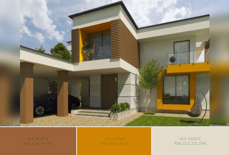 This creative House Exterior has 5 colors combination with Chocolate (Traditional), Vivid Amber, Raw Umber, Dark Gray (X11) and Pastel Gray. Exterior Building Color Palette, India Exterior House Colors, Colour Palette Exterior House, Colour Combination For Elevation, Outer Wall Painting Ideas, Exterior Paint Colors For House India, Banglow Colour Combination, Exterior Wall Painting Ideas Colour, Indian House Exterior Paint Colors