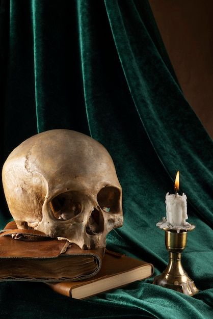 Free photo skull and candle arrangement ... | Free Photo #Freepik #freephoto #still-life #skeleton #skull #gothic Skull And Candle, Photography Sketchbook, Gothic Candles, Skull Reference, Gothic Photography, Still Life Pictures, Candle Arrangements, Halloween Photography, Skull Candle