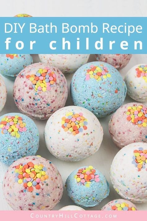 DIY bath bombs without citric acid or cream of tartar are an easy homemade bath bomb recipe for kids. These bath bombs turn a boring bath time routine into a fun experience for girls and boys. Learn how to make and customise these simple 3-ingredient funfetti bath fizzies with sprinkles, colour, and natural organic essential oils that are safe for children. Lush inspired, great gift idea. Without cornstarch, without Epsom salt, no citric acid. #bathbombs #essentialoils | countryhillcottage.com Things To Make With Kids, Bath Boms Diy, Bath Bomb Recipe, Bath Boms, Bombe Recipe, Lush Bath, Homemade Bath, Time Routine, Bath Bomb Recipes