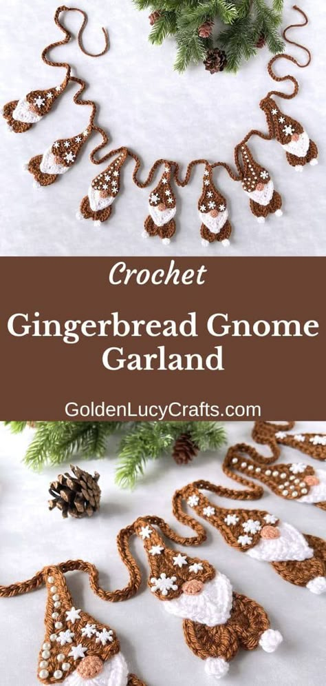 Gingerbread Gnome, Gnome Garland, Crochet Christmas Garland, Crochet Gingerbread, Crochet Garland, Crochet Xmas, Crochet Christmas Decorations, Crochet Ornaments, Gnome Christmas