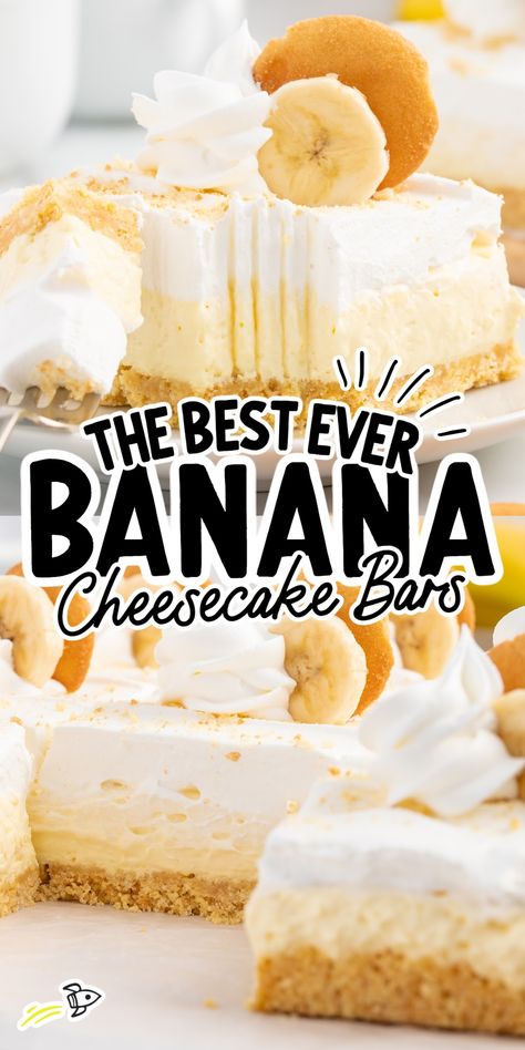 Banana Cream Cheesecake Bars My Incredible Recipes, Cheesecake Recipes Banana, Banana Pudding Cheesecake Bars Recipe, Banana Cream Recipes Desserts, Banana Cheesecake Squares, Banana Pie Cheesecake, Banana Pudding Cheesecake Bites, Banana Pudding Cheesecake Delight, Banana Cheesecake Recipe No Bake