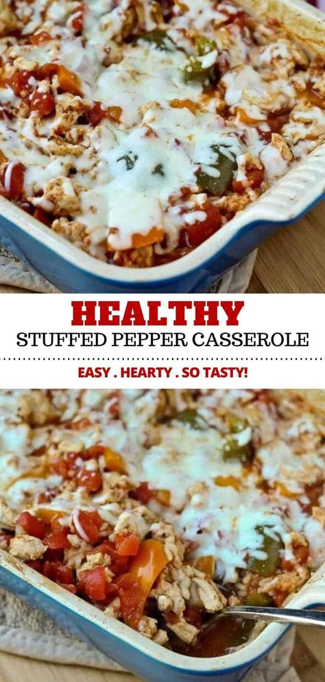 This Healthy Stuffed Pepper Casserole with cheddar and ground turkey is a great go-to meal for nights when you don’t really feel like cooking. This recipe is easy to make, hearty, and tastes great! #healthy #easy #casserole #dinner Healthy Crockpot Meals Ground Turkey, Heart Healthy Turkey Recipes, Heart Healthy Ground Turkey Recipes, Heart Healthy Casseroles, Heart Healthy Casserole Recipes, Ground Turkey And Peppers Recipe, Turkey Recipes For Dinner, Ground Turkey Recipes For Dinner, Ground Turkey Casserole