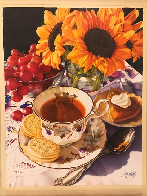 Food Waste Art, Painting Ideas Still Life, Tea Still Life, Breakfast Illustration, Sunflower Tea, Tea Time Illustration, Kids Reference, Waste Art, Sunflower Illustration