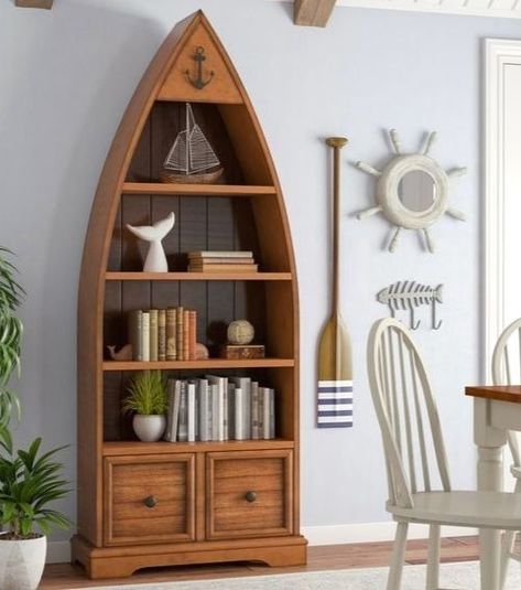 A boat shelf for the nautical beach cottage.... featured on completely-coastal.com #cottagestyle #shelves Nautical Shelves, Boat Bookcase, Boat Shelf, Floor Shelf, Coastal Bedrooms, Beach Cottage Decor, Beach Cottage Style, Coastal Furniture, Nautical Home