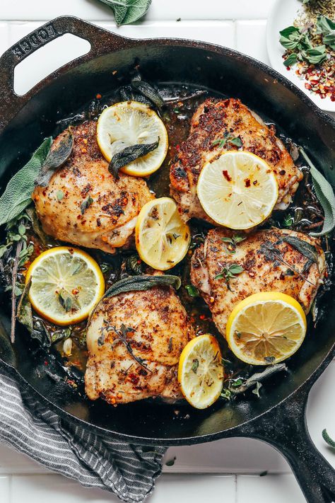 EASY Lemon & Herb Roasted Chicken Thighs! 30 minutes, SO satisfying and elegant! #minimalistbaker #recipe #roasted #chicken #thighs Lemon Sage Chicken, Herb Chicken Thigh Recipes, Lemon Herb Chicken Thighs, Rosemary Lemon Chicken Thighs, Lemon Parsley Chicken, Lemon Rosemary Roasted Chicken, Thyme Chicken Recipes, Chicken Cast Iron Skillet, Herb Roasted Chicken Thighs