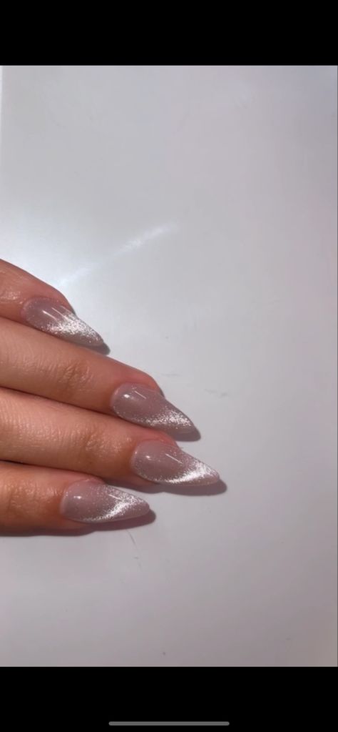 Silver Cat Eye French Nails, Almond Velvet Nails, Pretty Nails For January, December Nails Coffin Shape, Glazed Donut Cat Eye Nails, White Cat Eye Nails With Gold, Cateyes Ombre Nails, Gel X Cat Eye, Pearl Cateye Nails