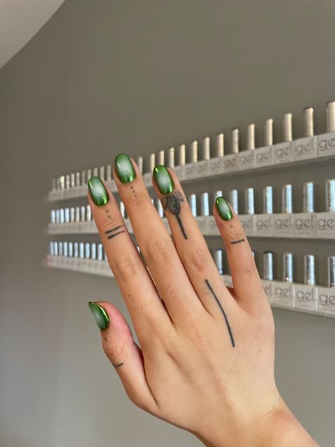 Green Blue Gel Nails, Funky Engagement Nails, Chrome Minimalist Nails, Fresh Chrome Nails, Cool Short Almond Nails, Periodt Green Nails, Aura Natural Nails, Chrome On Chrome Nails, Airbrush Green Nails