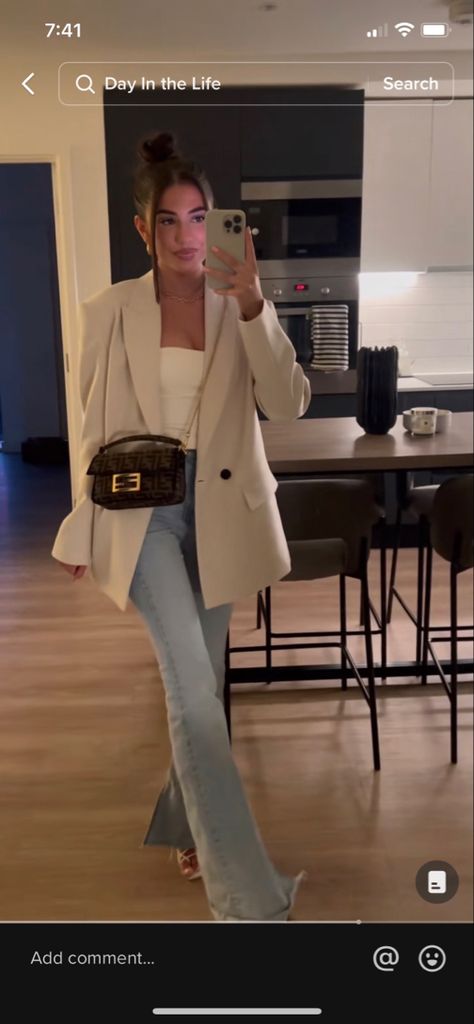 Blazer With Straight Leg Jeans, Blazer Jeans Heels Outfit, Blue Jeans Blazer Outfit, Casual Tan Blazer Outfits, Blue Jeans Heels Outfits, Heels And Blazer Outfits, Jean And White Top Outfit Classy, White Blazer Outfit Jeans, White Blazer Jeans Outfit Women