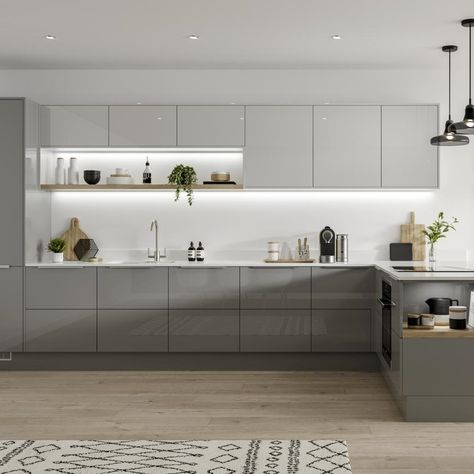 Glass Finish Kitchen, Bright Grey Kitchen, Modern Kitchen Design Grey And White, Grey Kitchen Living Room, Kitchen With Work Area, White Grey Wood Kitchen, Breakfast Counter In Kitchen, Linear Kitchen Design, Kitchen With Mirror