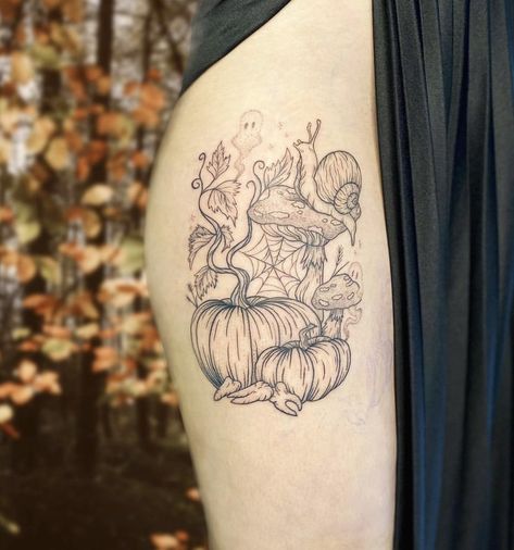 Fall Botanical Tattoo, Fall Themed Sleeve Tattoo, Fall Scene Tattoo, Spooky Garden Tattoo, Fall Tattoo Sleeve, Fall Themed Tattoos, Cottagecore Tattoo Ideas, Witchy Sleeve, Mystic Tattoo