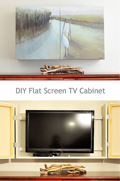 diy flat screen tv cabinet, diy, doors, kitchen cabinets, woodworking projects, DIY flat screen tv cabinet Diy Tv Cover, Tv Cover Over Fireplace, Tv Cover Up, Hidden Tv Cabinet, Tv Enclosure, Cabinet Cabinet, Den Designs, Diy Screen Door, Tv Fal