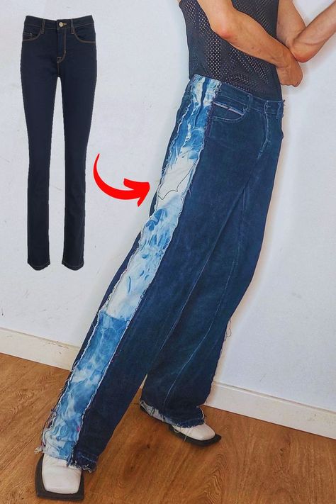 this jeans resewing tutorial shows all the steps to make wide jeans out of skinny jeans. Reuse old jeans to make a modern baggy jeans diy. Refashion skinny jeans to create a denim outfit that fits the time. Redesign clothing with me  with my diy thrift flip jeans tutorials and sewing ideas for old clothing and old jeans. Learn how to make your own upcycled jeans with upcycled materials and make your sewing projects more sustainable today. Diy Emo Clothes, Reuse Jeans, Jean Upcycle, Jeans Upcycle, Old Jeans Recycle, Custom Jeans Diy, Reworked Jeans, Jeans Refashion, Ropa Upcycling